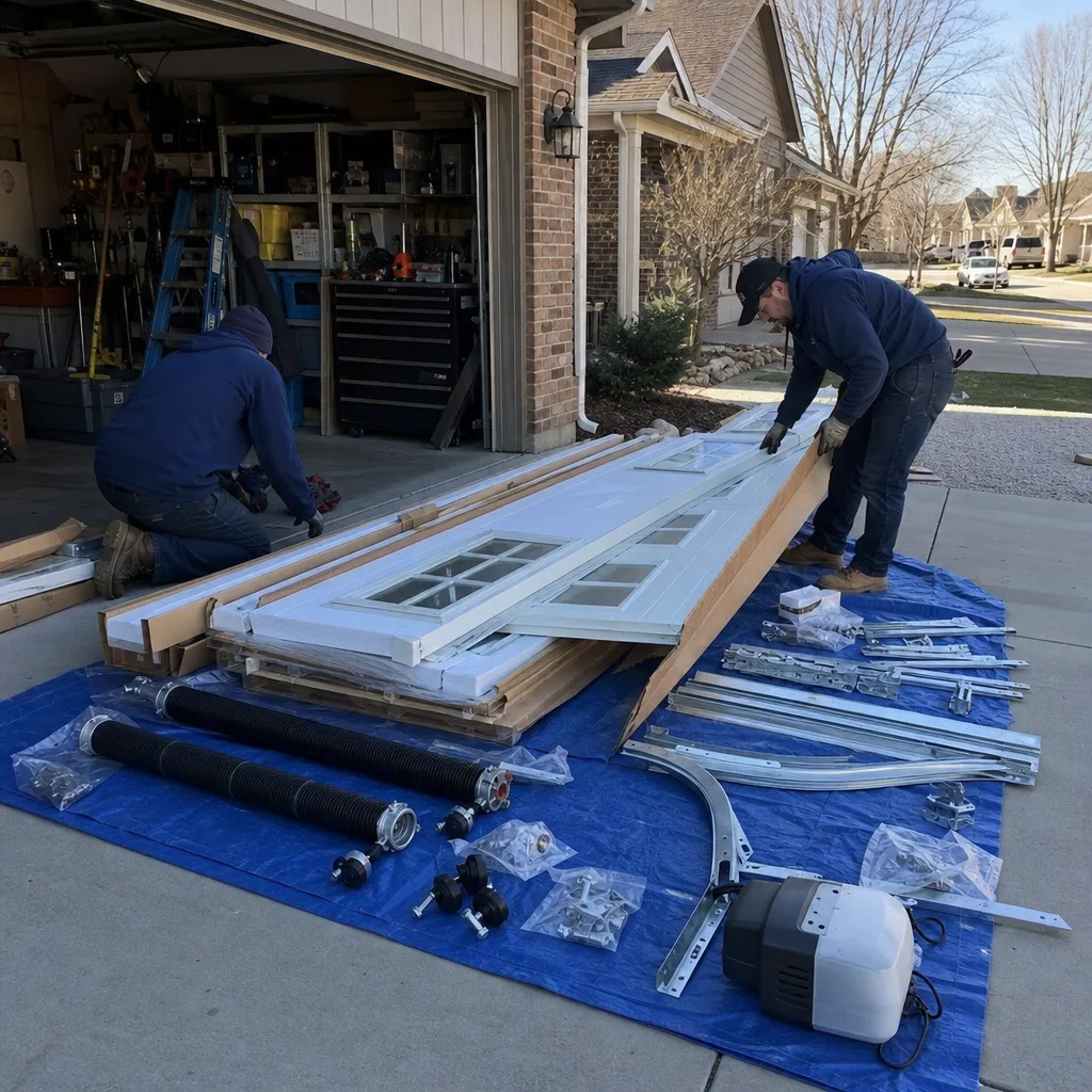 Professional technicians preparing parts for a residential garage door installation.