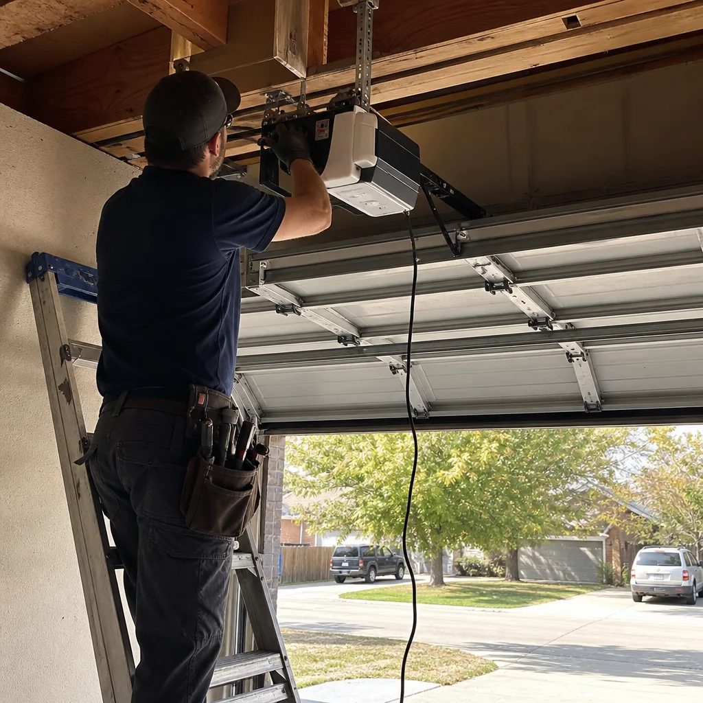 Technician performing professional garage door opener repair and installation on a ladder.
