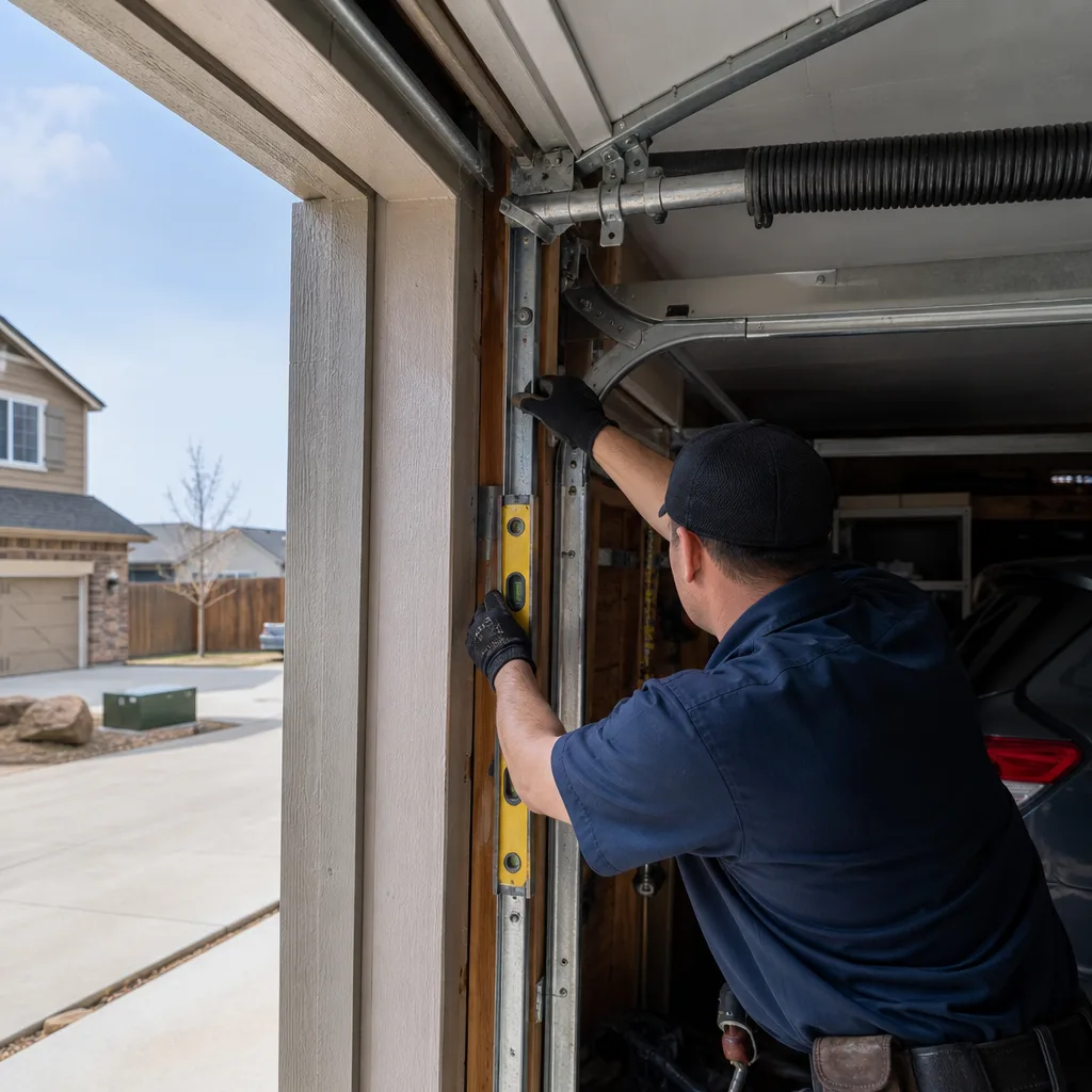 Technician using a level to repair a garage door track