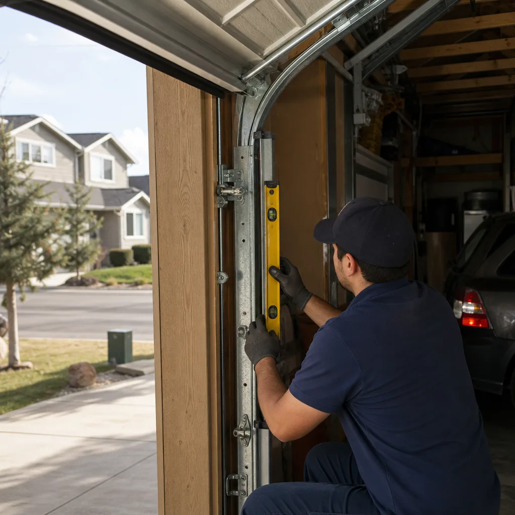 Technician using a level to repair a garage door track