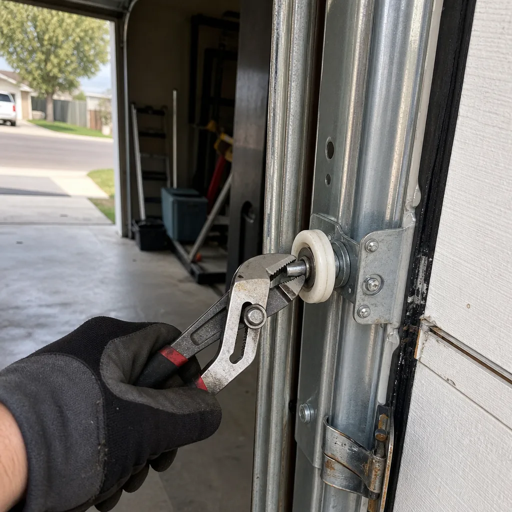 Hand with pliers performing garage door roller maintenance and repair