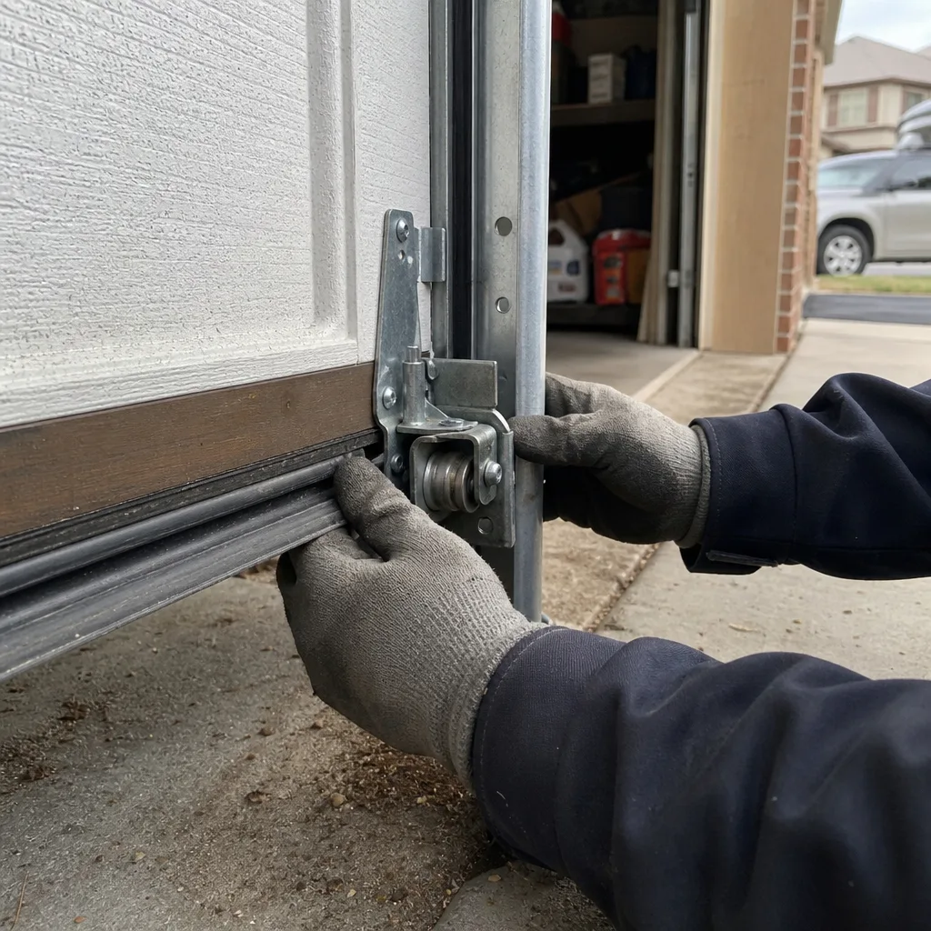 Technician performing professional emergency garage door roller repair in Longmont, CO