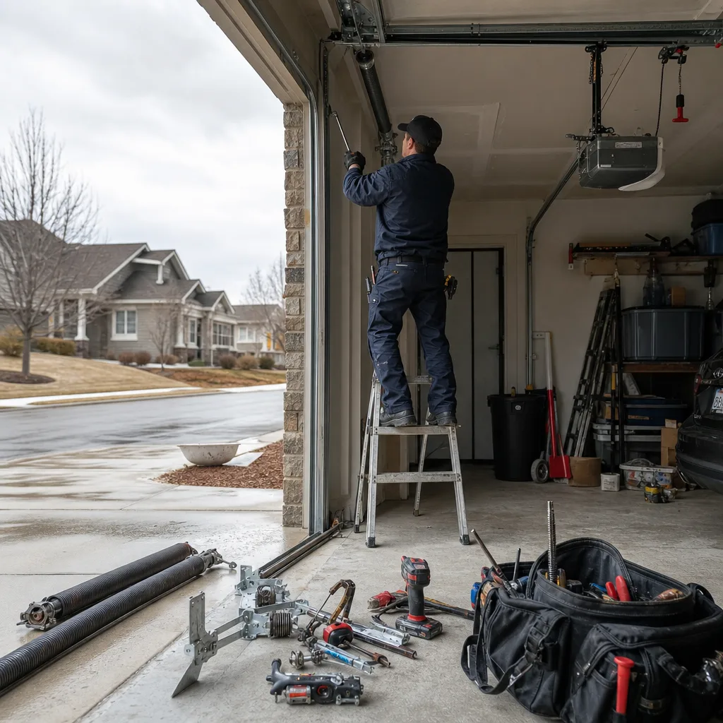 Technician performing professional garage door parts installation and maintenance in Longmont, CO