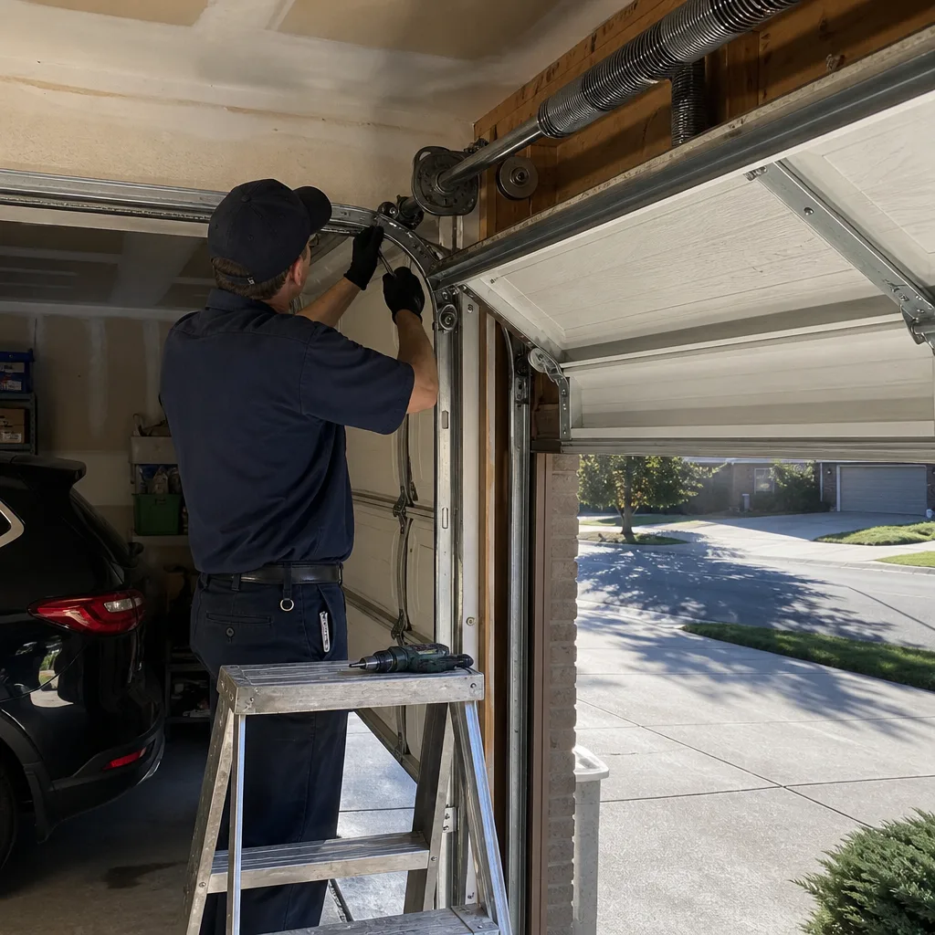 Technician performing professional garage door parts repair and maintenance in Longmont, CO