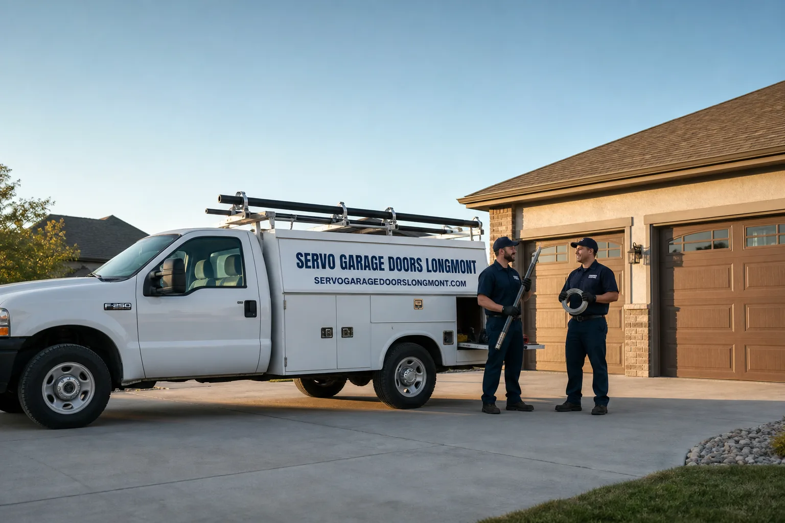 Servo Garage Doors Longmont garage door service vehicle and crew in Longmont, CO